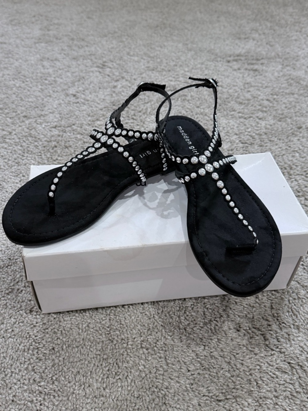 Madden Girl Black Rhinestone T-Strap Sandals with Ankle Strap